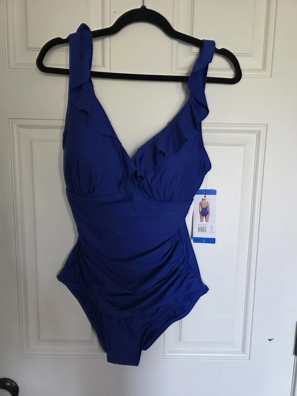 DKNY Navy Ruffled V‑Neck One‑Piece Swimsuit - Picture 3 of 4